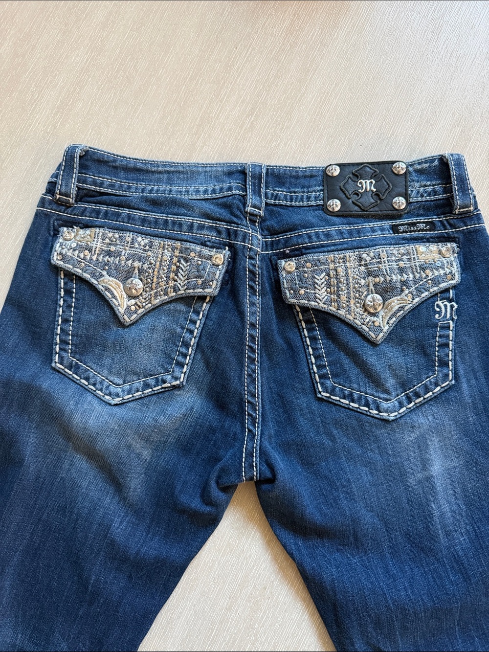 Miss Me Dark Blue Boot Cut Jeans with Embellished Back Pockets